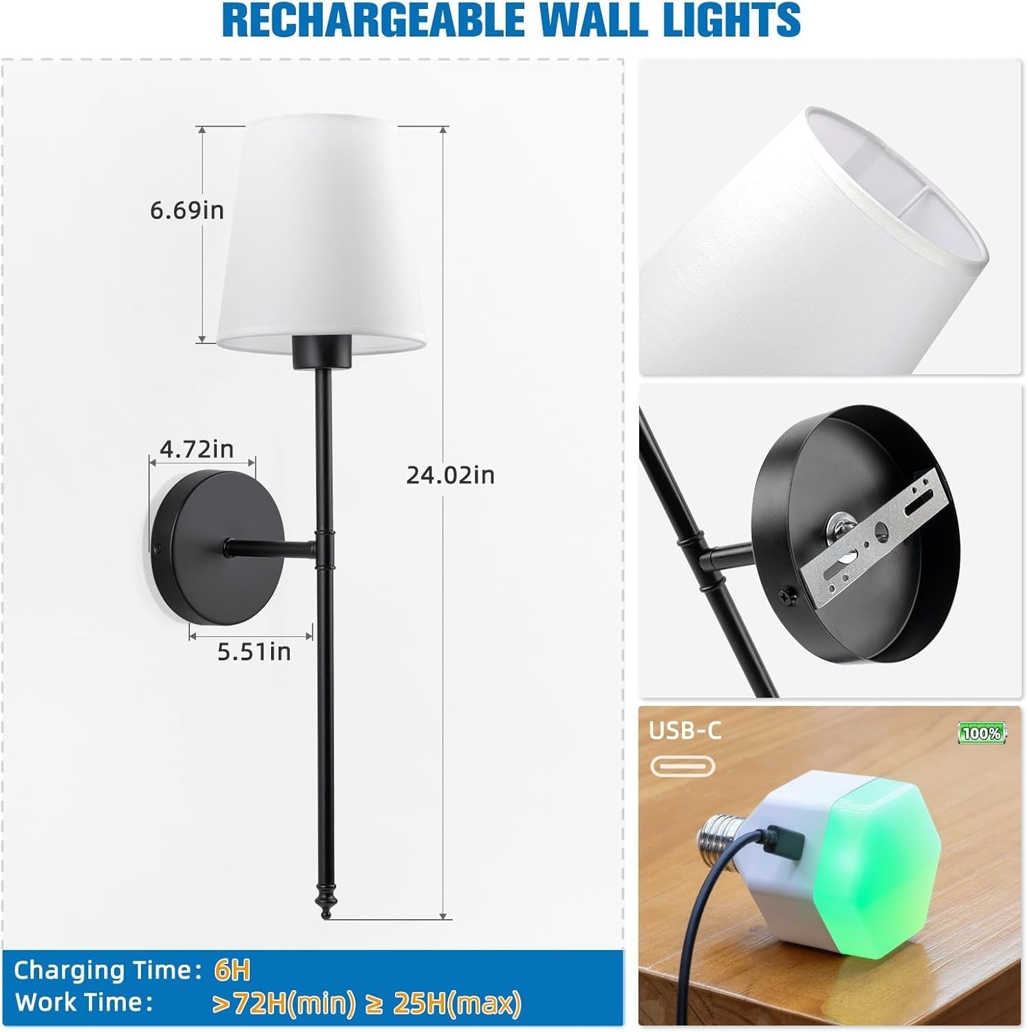 Rechargeable Wall Sconces 24in | Dimmable 9-Color Remote Lights Indoor