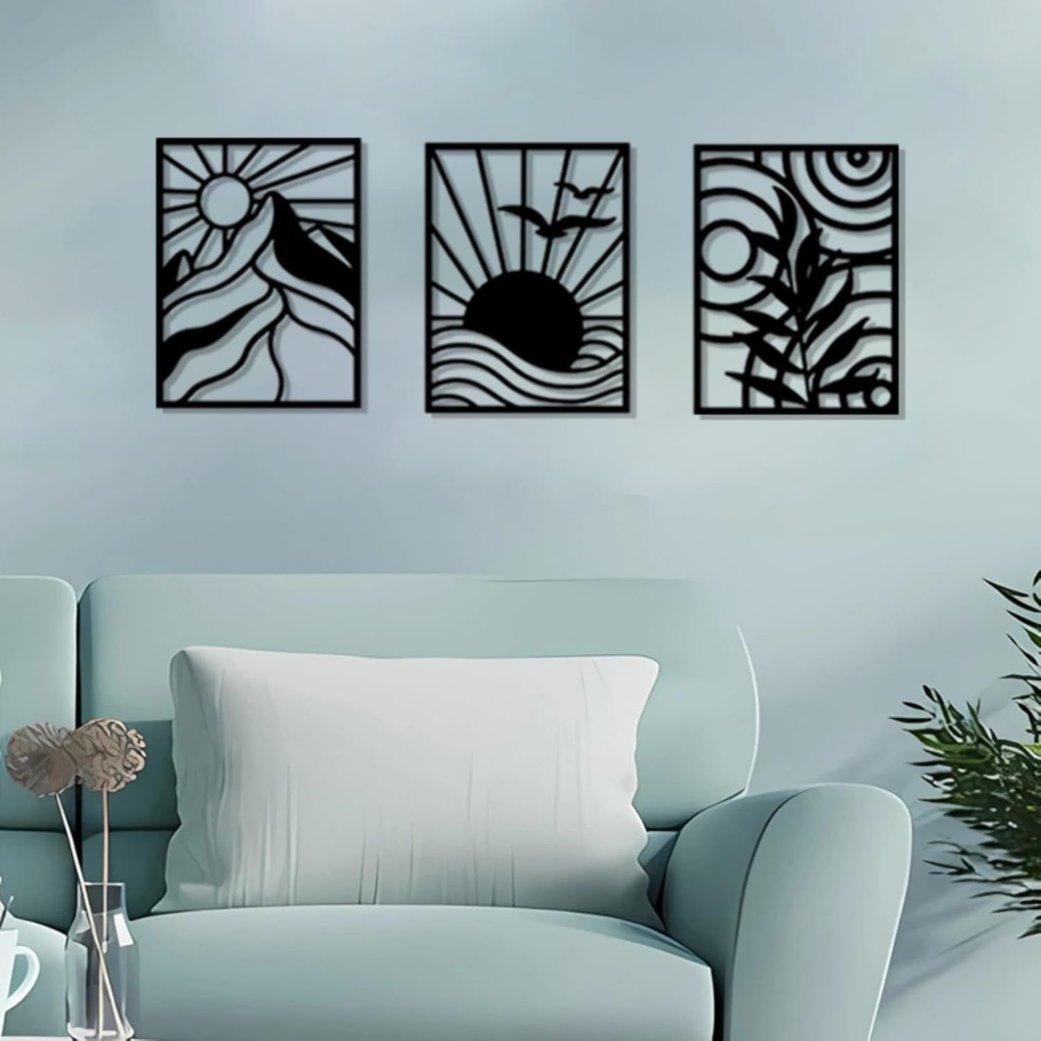 Large Metal Wall Art Set 3 Abstract Boho Black Minimalist Hanging Decor