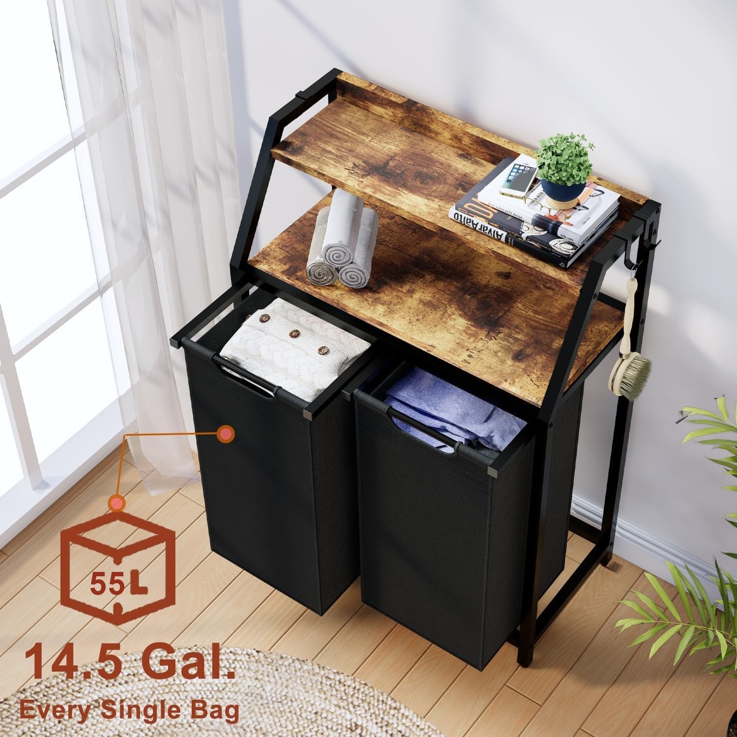 2-Section Laundry Sorter on Wheels with Shelves Rustic Wood Top Pull-Out Hampers