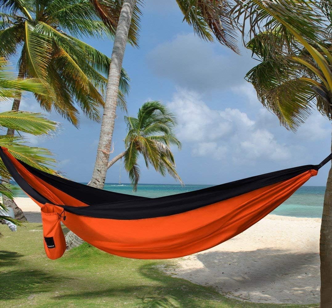 Ultra-Light Camping Hammock 500lb Capacity w Tree Straps Black,gold,orange