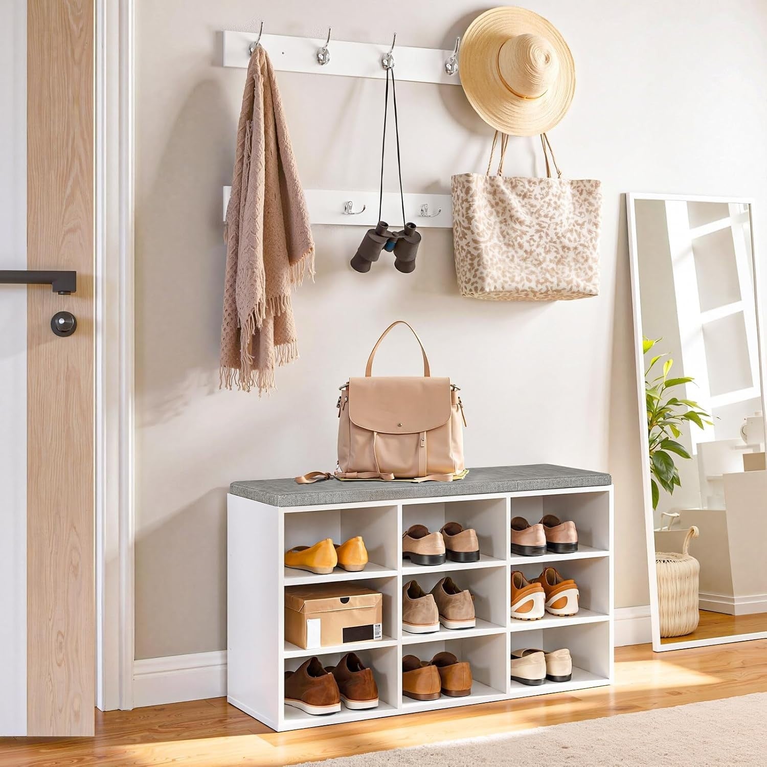 Shoe Storage Bench with Cushion & Hooks, 9 Cubbies, 80cm Hallway Unit