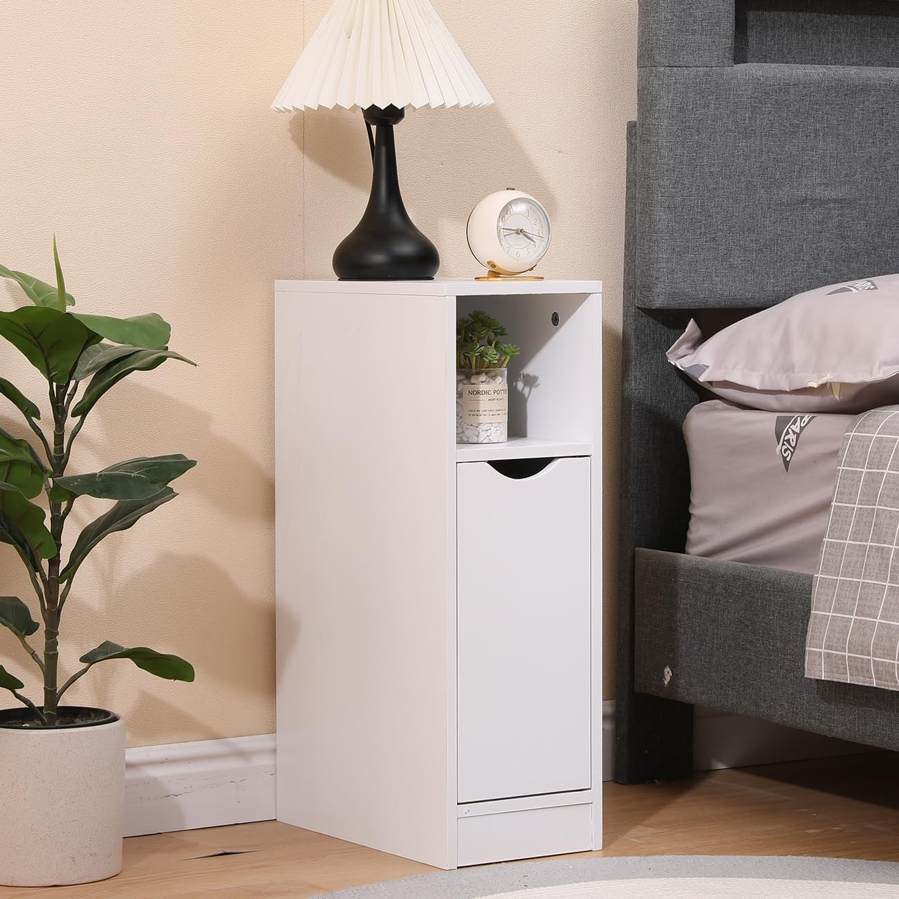 Slim White Bedside Table with Door & Shelf, Narrow Nightstand for Small Spaces