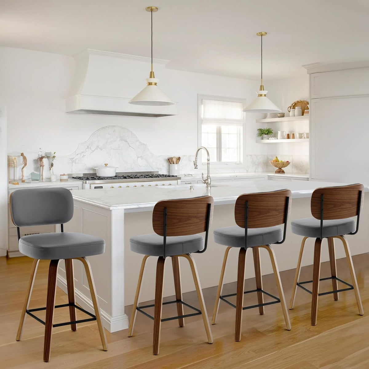 Grey PU Leather Swivel Bar Stools Set of 4 | Wooden Counter Chairs