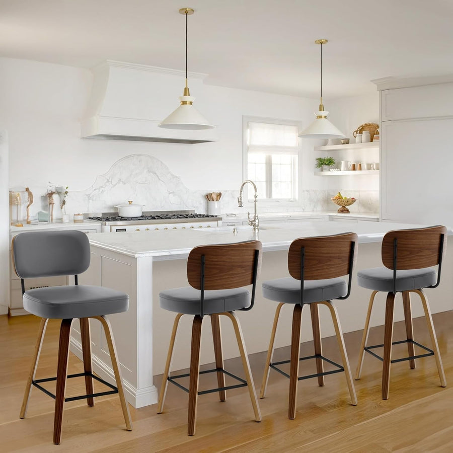 Grey PU Leather Swivel Bar Stools Set of 4 | Wooden Counter Chairs