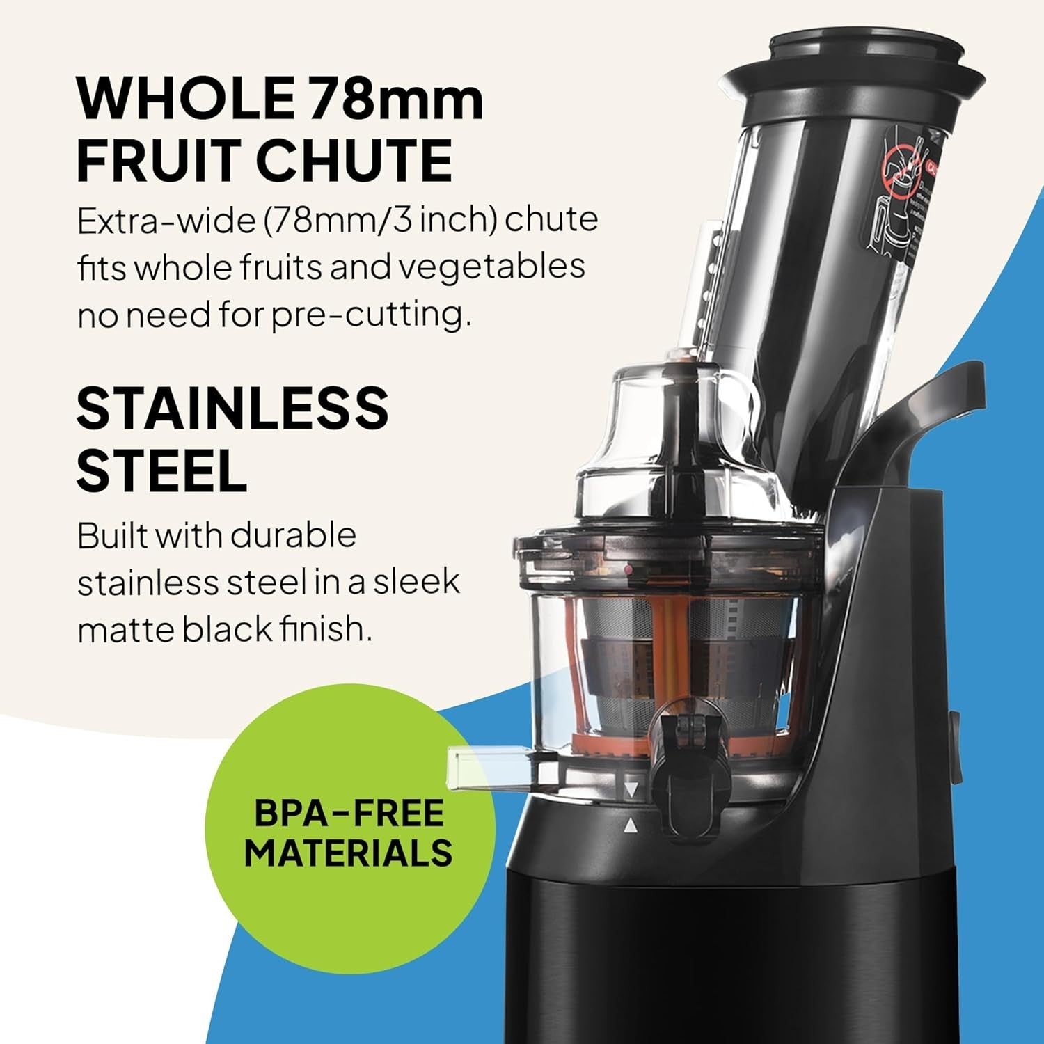 Cold Press Juicer 240W 3in Wide Chute Whole Fruit Quiet High Yield Easy Clean