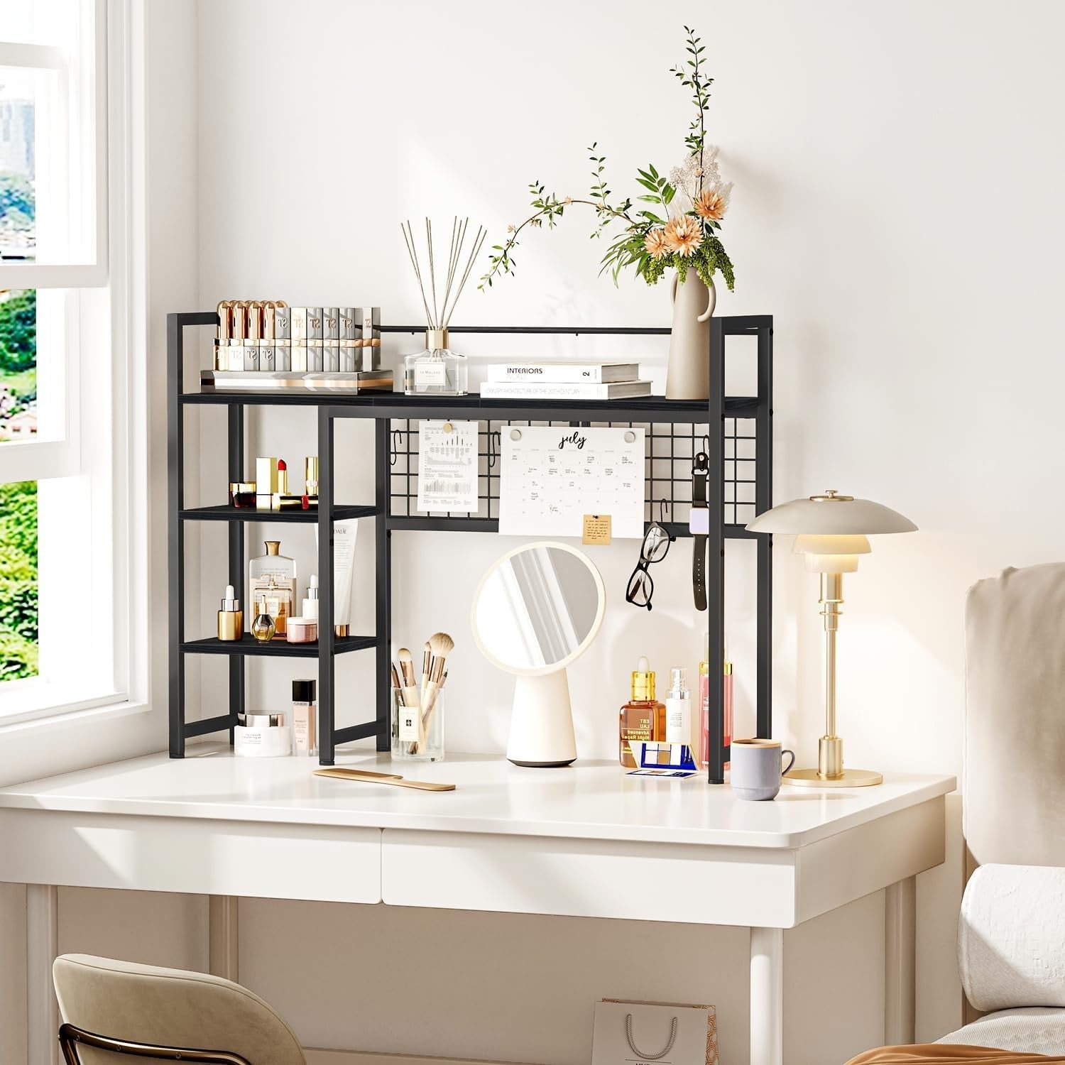 38.6" Desk Hutch Shelf with Pegboard Hooks | 4-Tier Desktop Organizer Rack Black