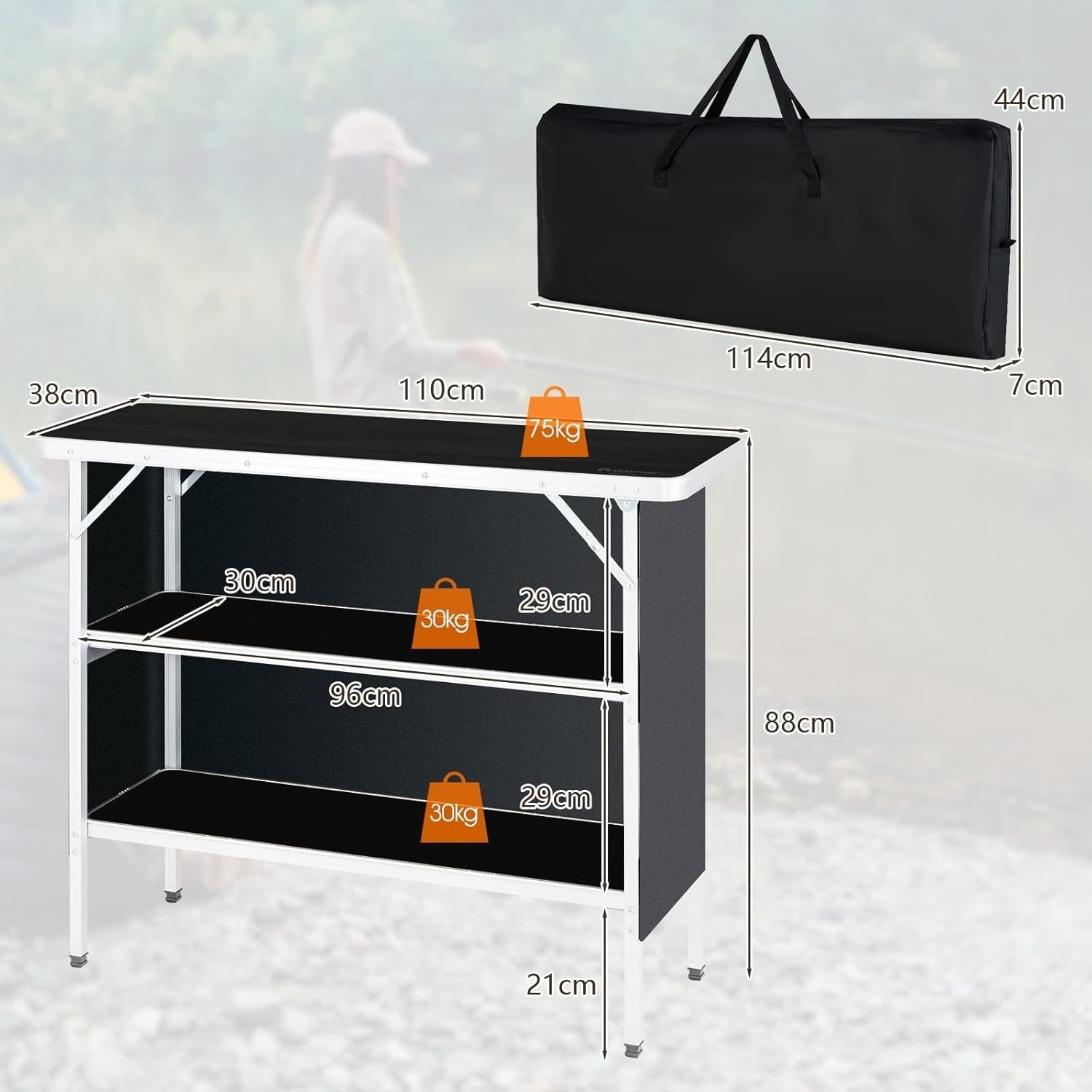 Folding Camping Table 110cm Portable Picnic Table 2-Tier Storage BBQ Outdoor