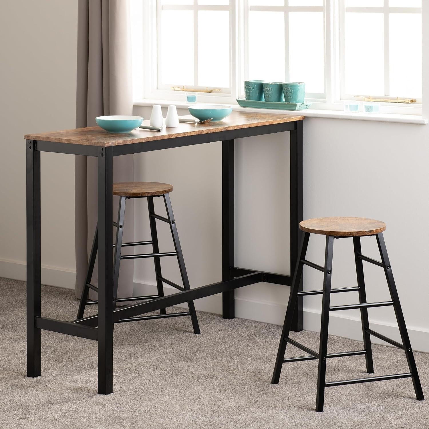 3 Piece Bar Table Set with 2 Stools Acacia Wood Effect Space Saving Dining Black