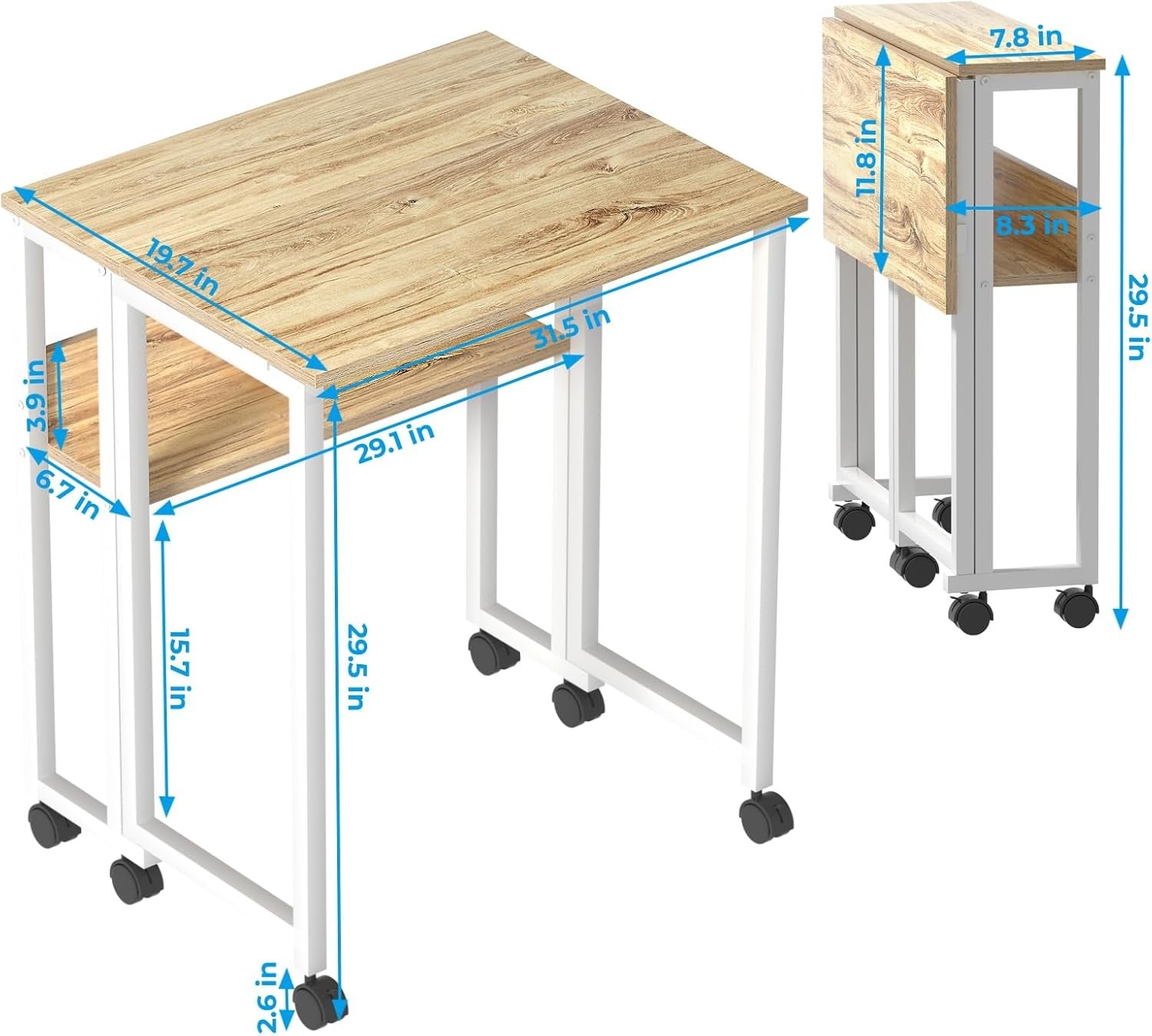 Folding Computer Desk on Wheels with Storage Shelf Space Saving 80x50cm