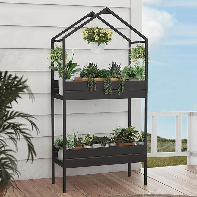 2 Tier Metal Plant Stand Black Indoor Outdoor Garden Flower Rack 75x35x150cm