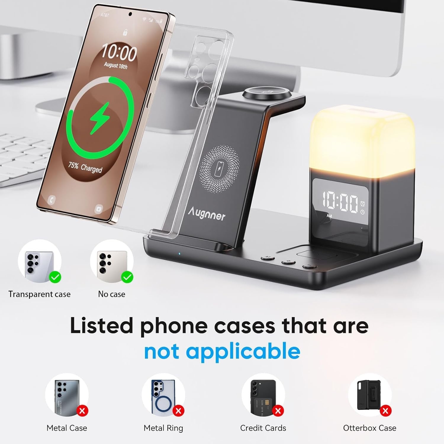 Wireless Charging Station Alarm Clock LED Night Light Charge Bedside