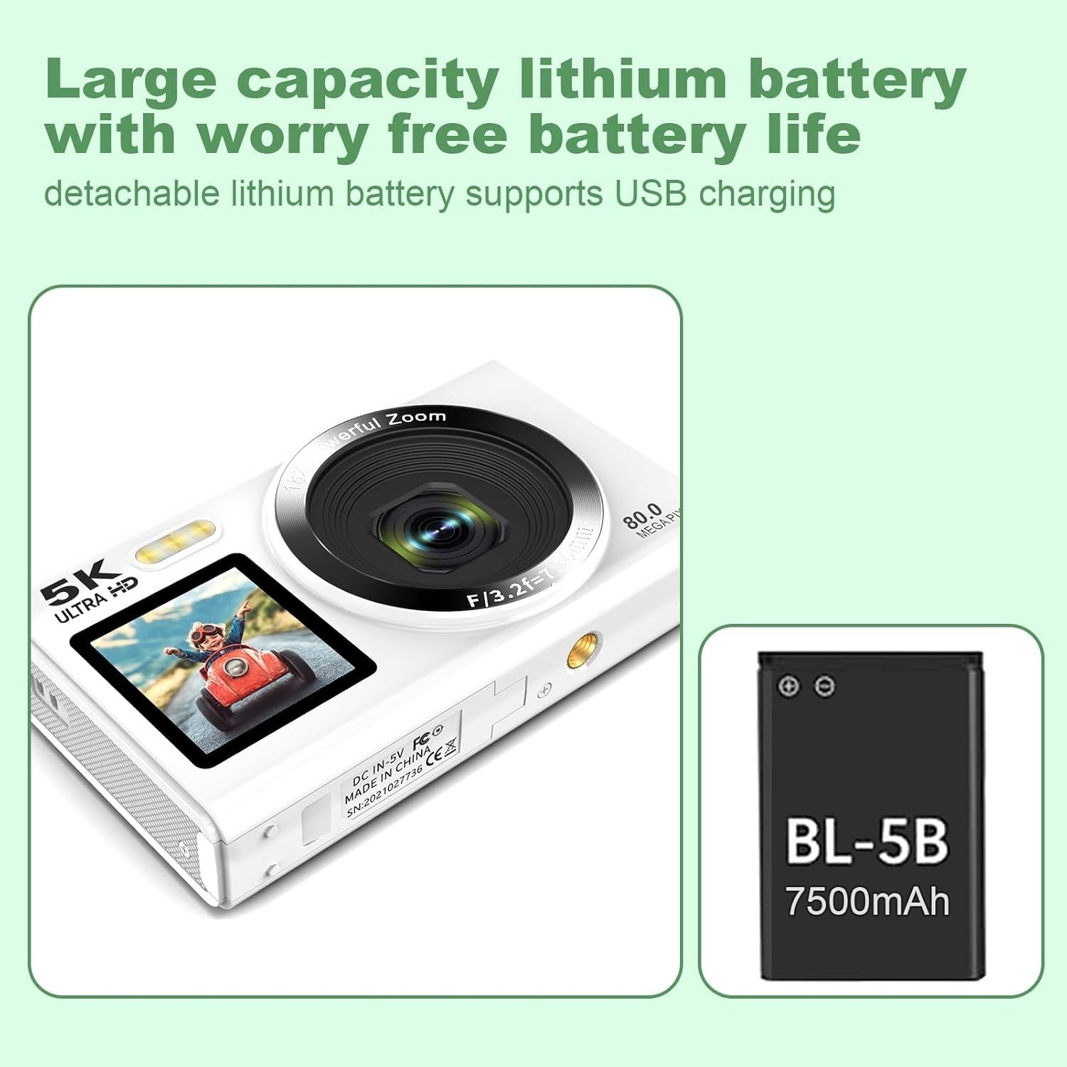5K 80MP Digital Camera WiFi Dual Screen Vlogging Camera White