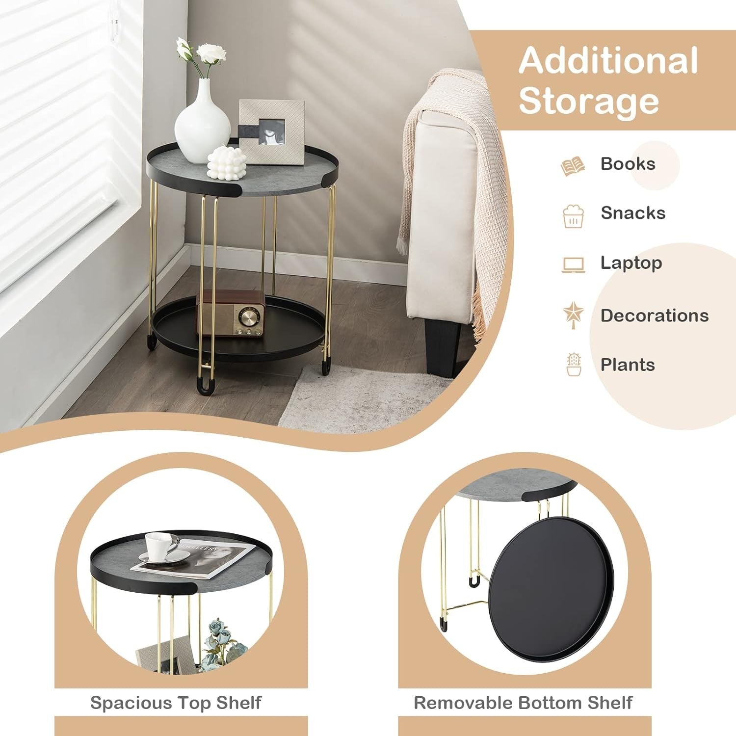 Round Marble Side Table Black Gold | 2-Tier Sofa End Table with Tray & Wheels