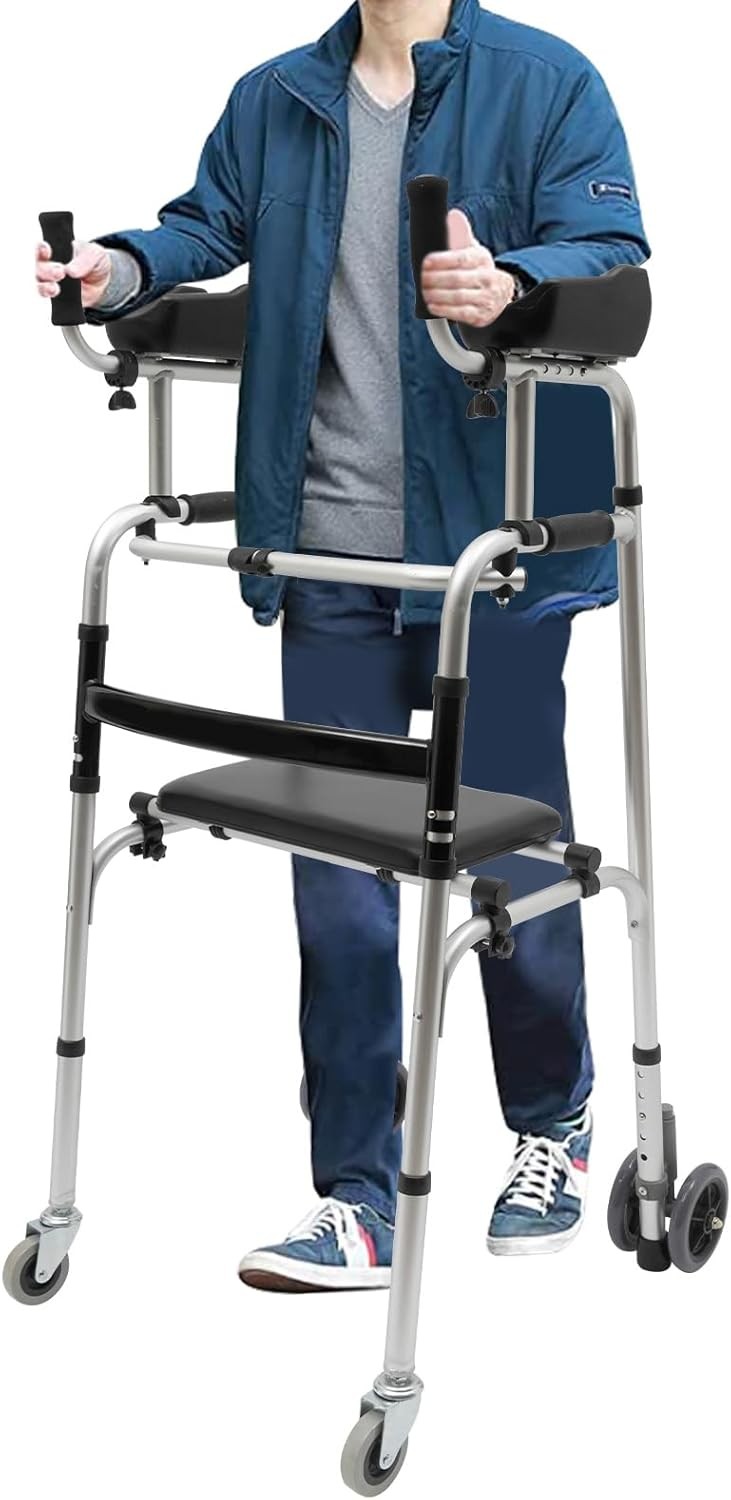 Upright Rollator Walker Folding Seat 4 Wheels Heavy Duty Indoor Outdoor