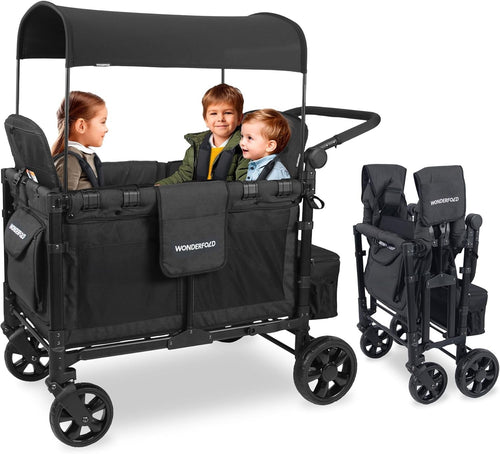 4-Seater Folding Stroller Wagon Volcanic Black w/ Canopy All-Terrain Wheels