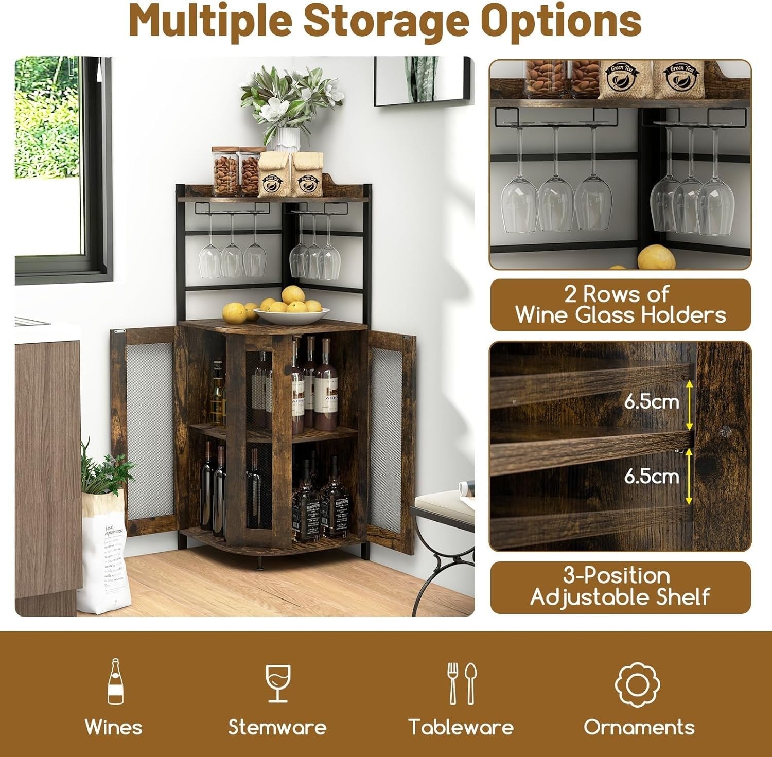 Corner Bar Cabinet Rustic Wine Storage with Glass Holder Mesh Doors