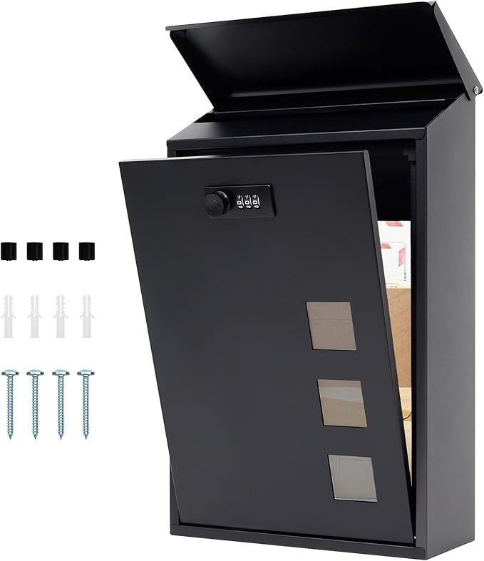 Wall Mounted Steel Mailbox Black Combination Lock Weatherproof 40x25x10cm