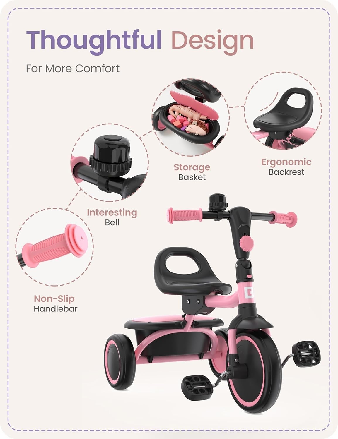 Kids Tricycle Toddler Trike Foldable Balance Bike Pink Age 18M-5Y