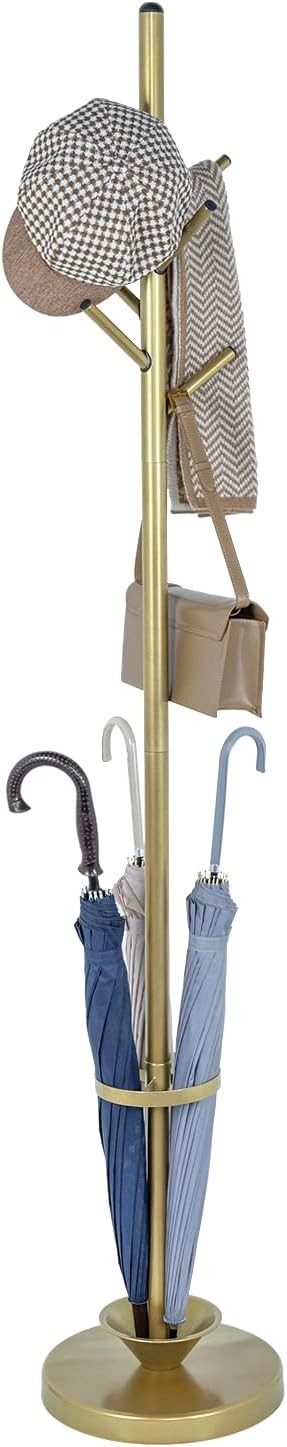 Modern Brass Metal Coat Rack with Umbrella Holder | 6 Hook Hall Stand