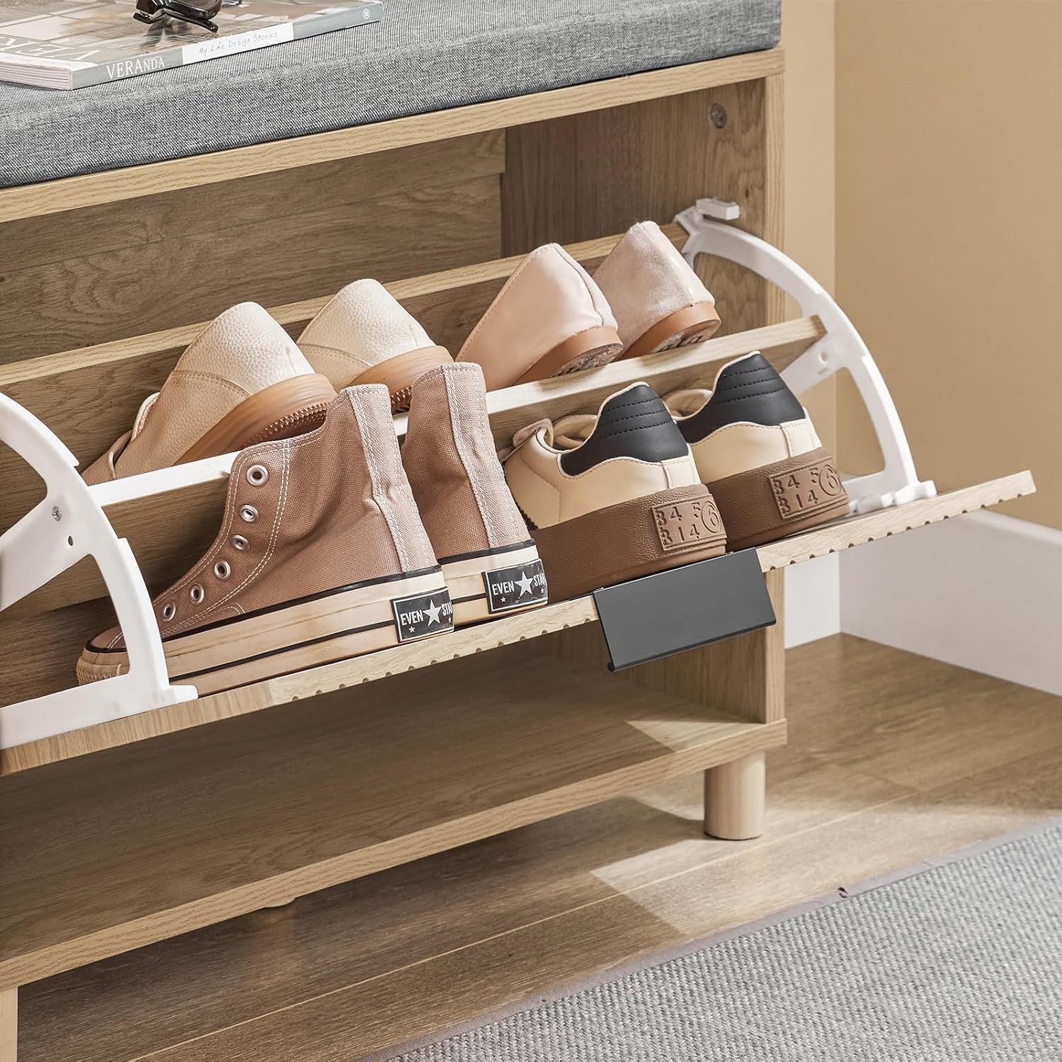 Compact Wooden Shoe Storage Bench with Flip Drawer & Padded Seat 60x24x50cm