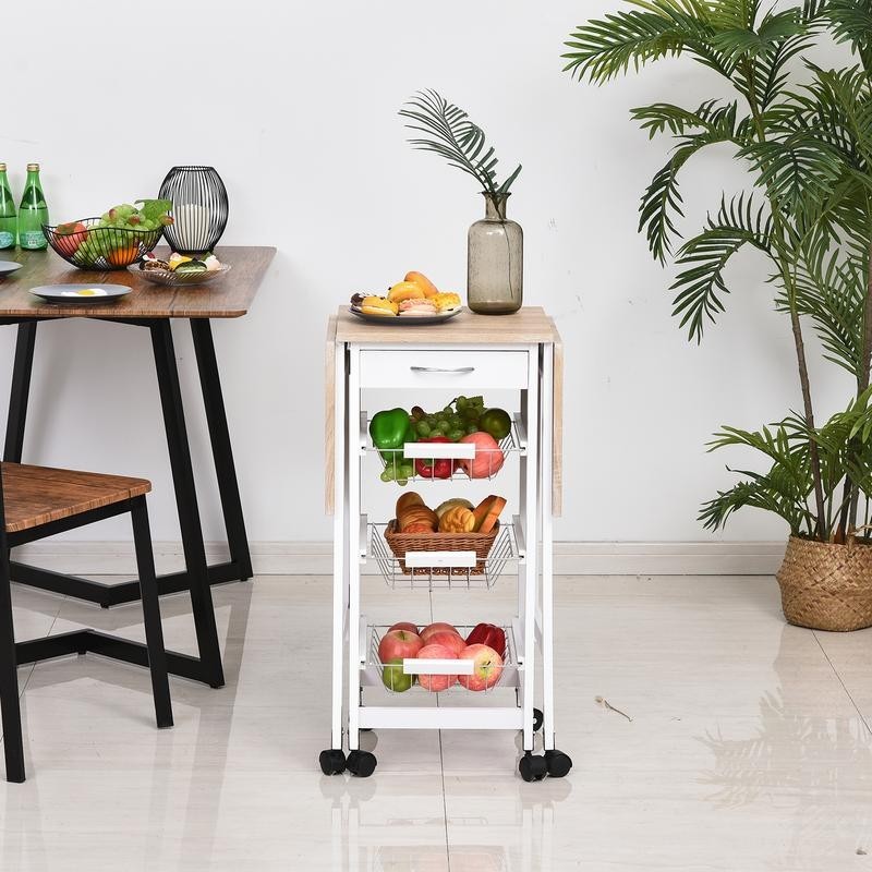 Drop Leaf Kitchen Trolley Cart with Baskets Drawer & Wheels Oak White