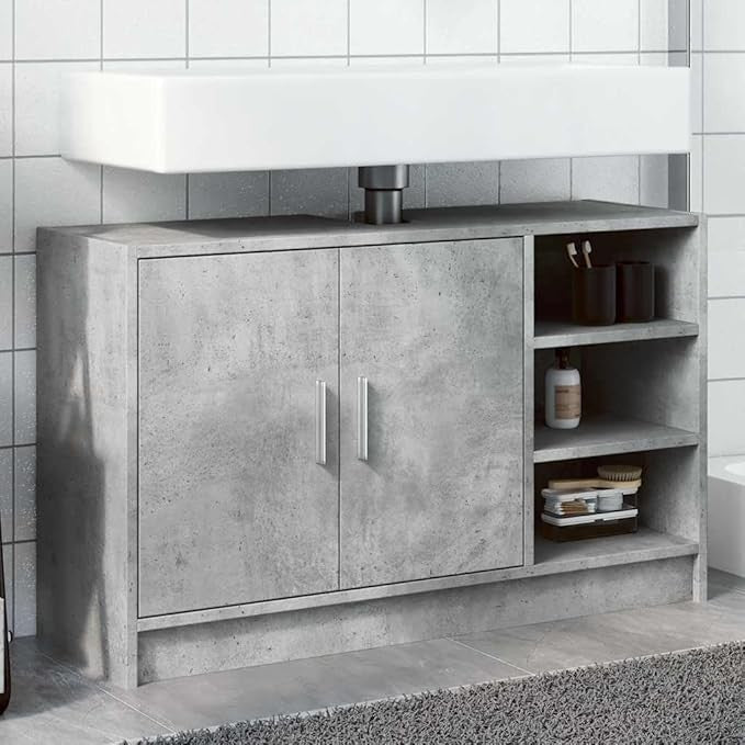 Concrete Grey Bathroom Sink Cabinet 90cm Modern Storage Unit with Shelves