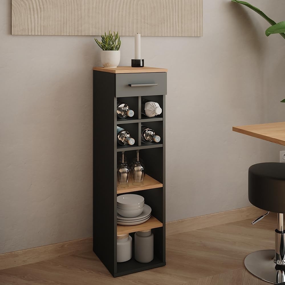 Modern Tall Wine Rack Cabinet with Shelves & Drawer | Oak & Anthracite 30x106cm
