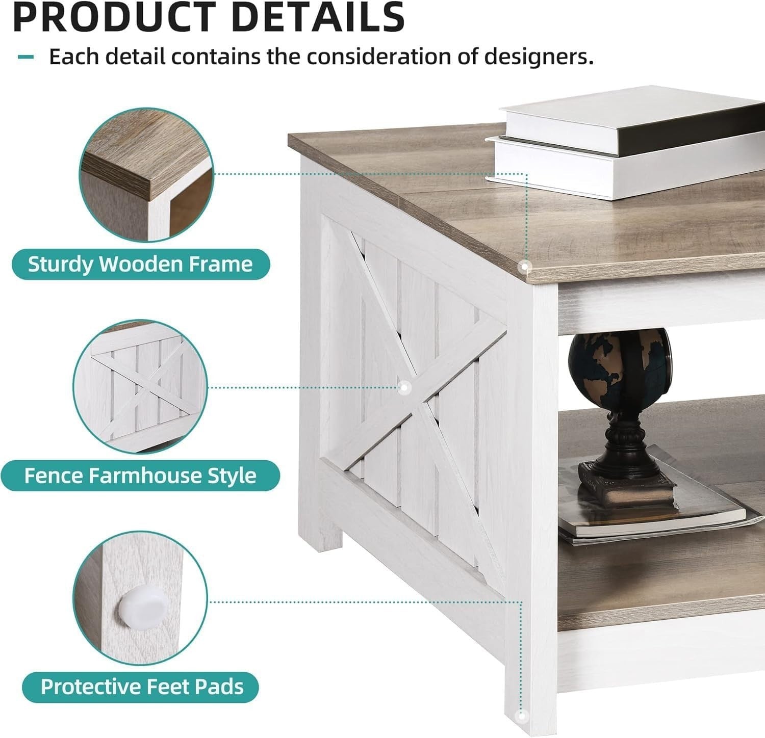 Square Rustic Coffee Table with Storage, Grey Wash Farmhouse Modern Design