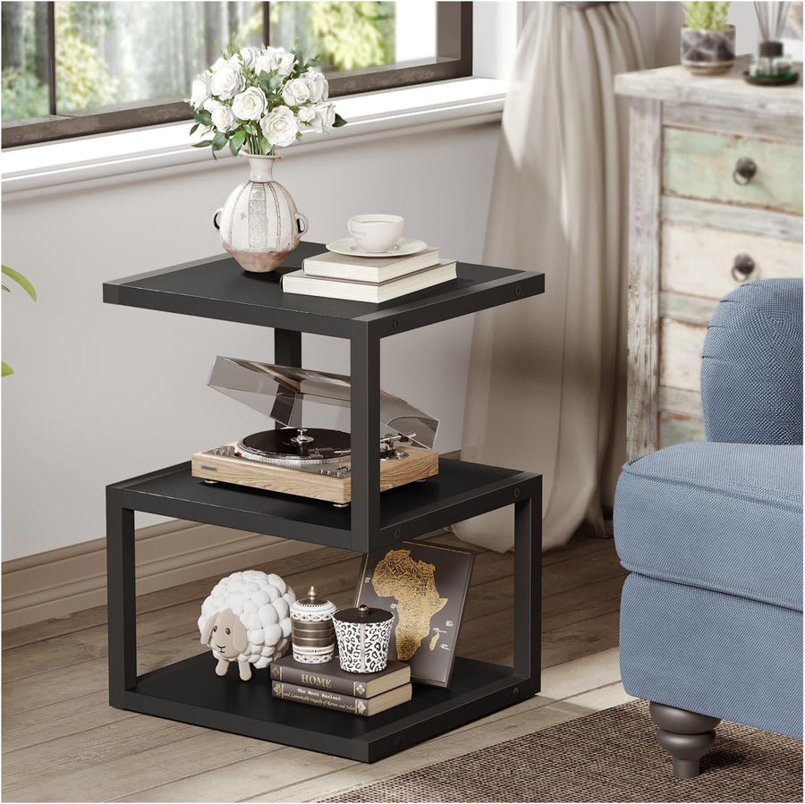 3-Tier S-Shape Side Table with Storage | Compact Black Nightstand 40x30x55cm