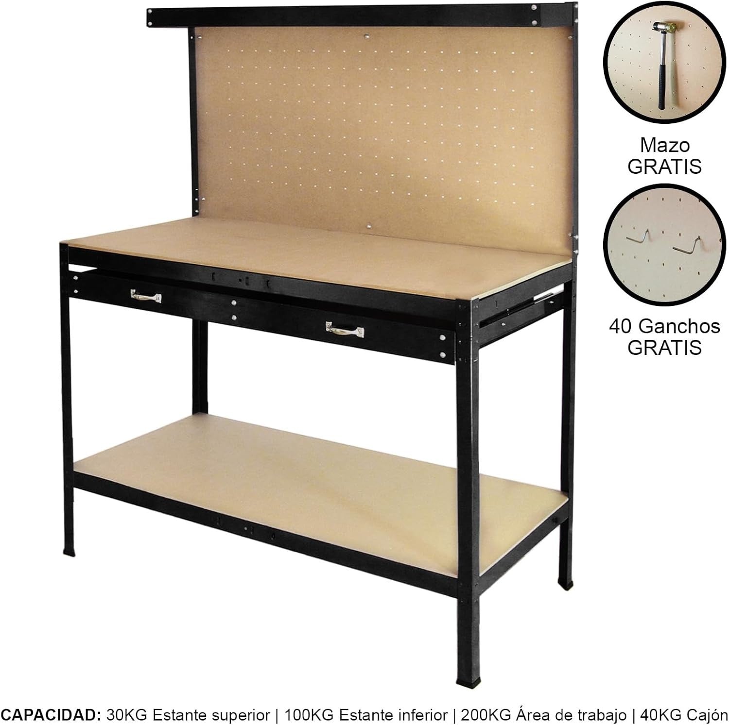 Heavy Duty Garage Workbench with Pegboard Drawer Hooks Tool Storage 120x60