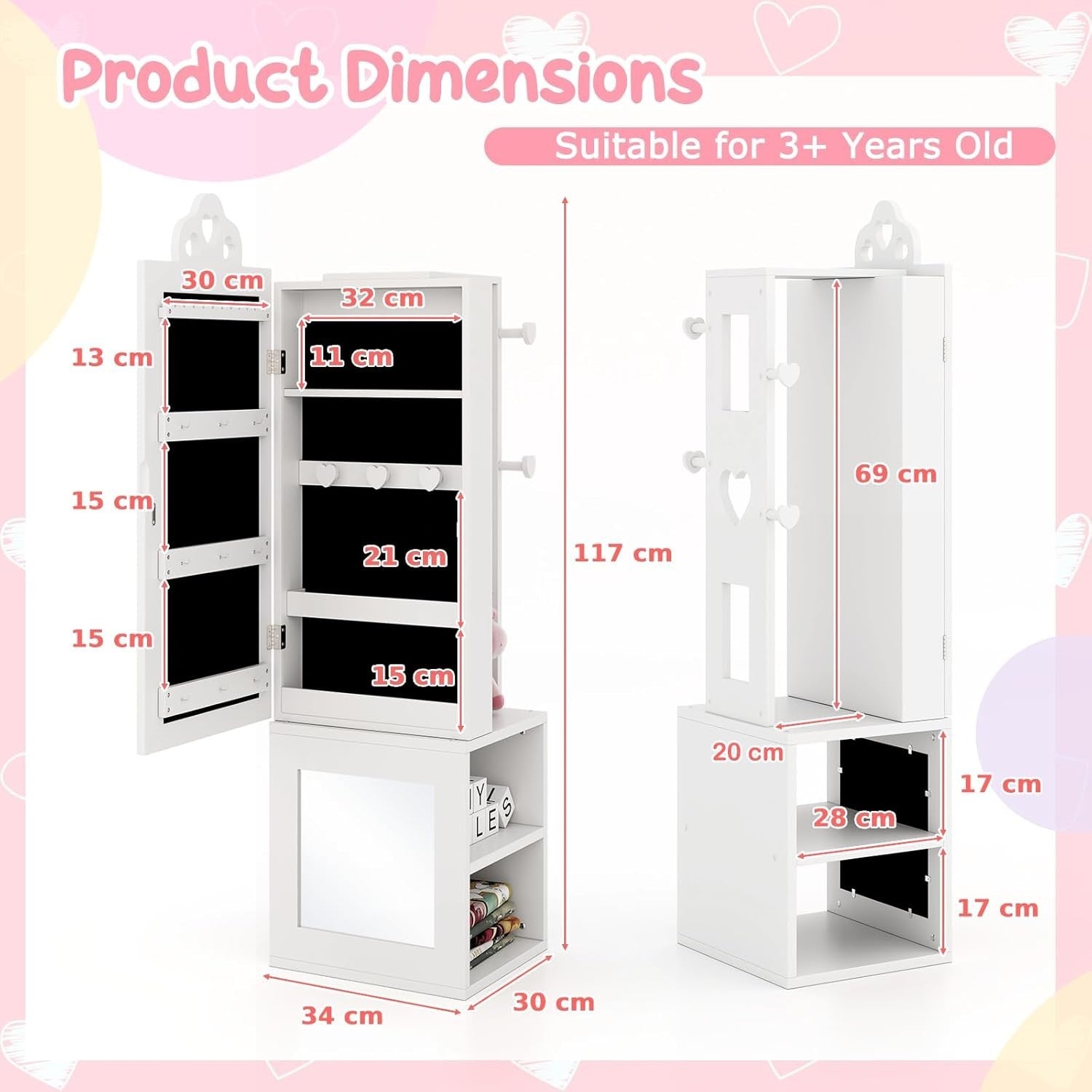 Kids Jewelry Cabinet Mirror Organizer with Clothes Rack Storage Shelves