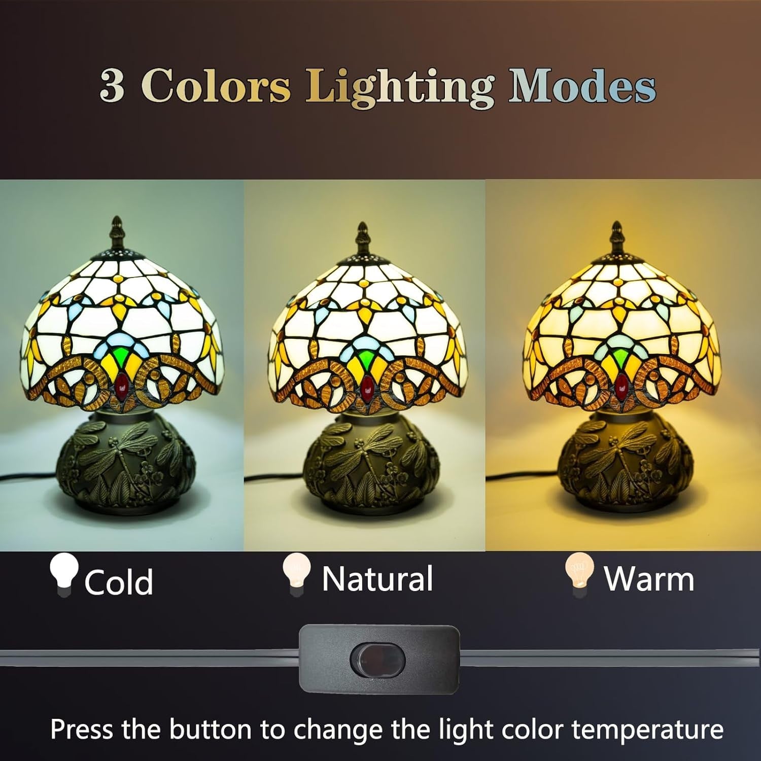 Stained Glass Desk Lamp 8" Mushroom Shade 3 Color Modes Bedroom Decor