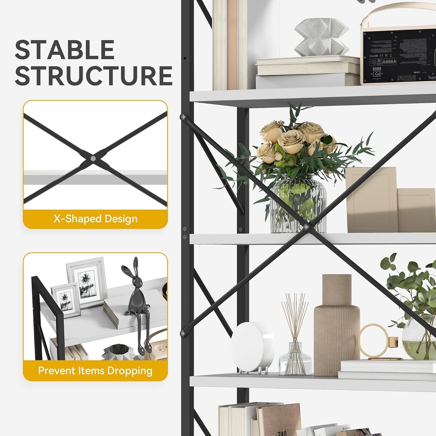 White Industrial 5-Tier Bookshelf Metal Frame Wood Shelving Storage Unit 158cm