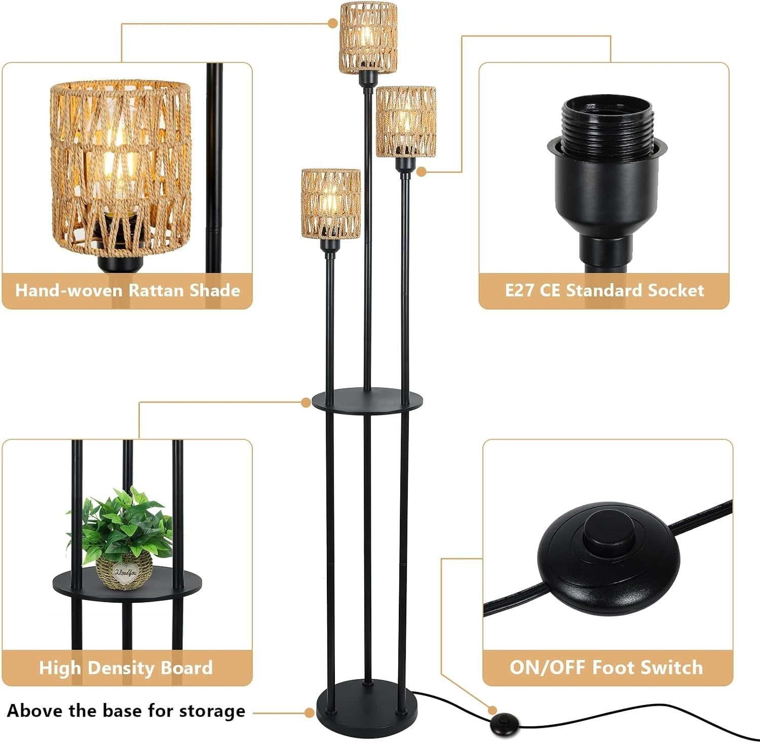 3-Light Boho Rattan Floor Lamp with Shelves, Foot Switch & Rustic Charm