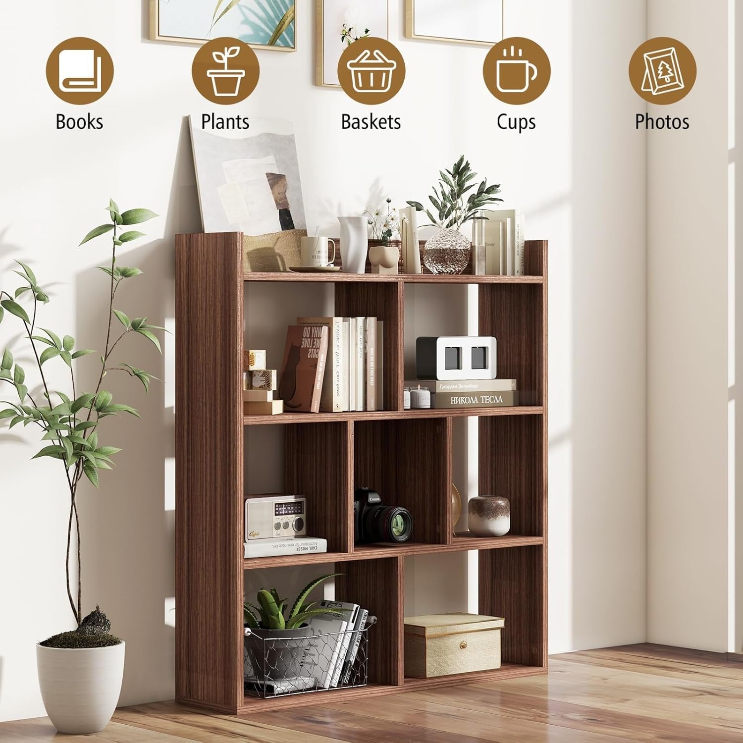 Walnut 7-Cube Bookcase Freestanding Storage Display Shelf with Anti-Topple Kit
