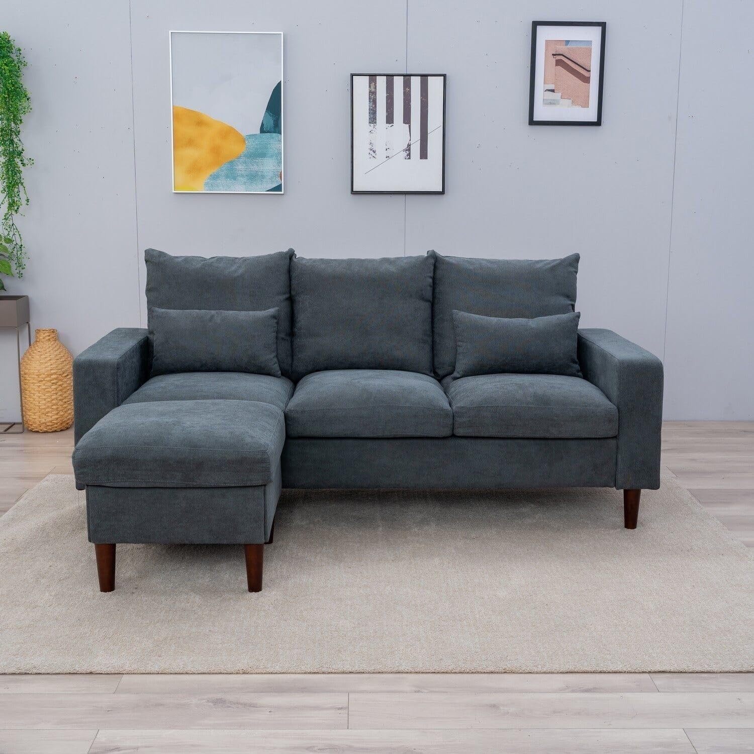 3 Seater Sofa Bed Grey with Footstool Linen Fabric L-Shape for Lounge Home