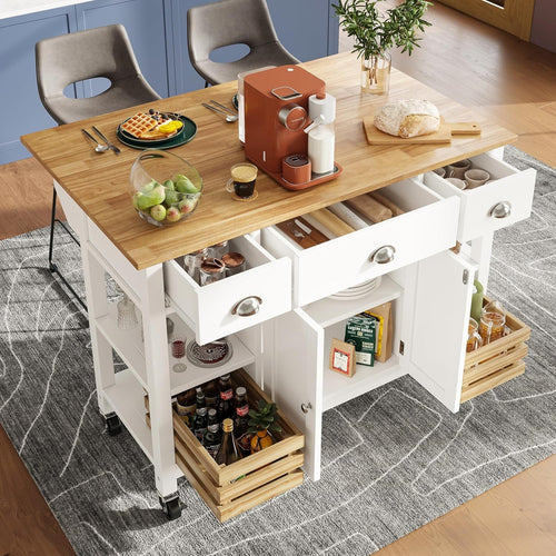 Rolling Kitchen Island Trolley with 3 Drawers & Spice Rack White 120x45cm