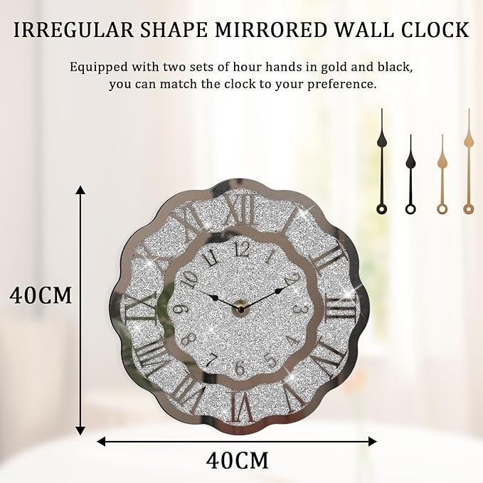 Crushed Diamond Mirror Wall Clock Silver Sparkly Crystal Decor 40cm Luxury