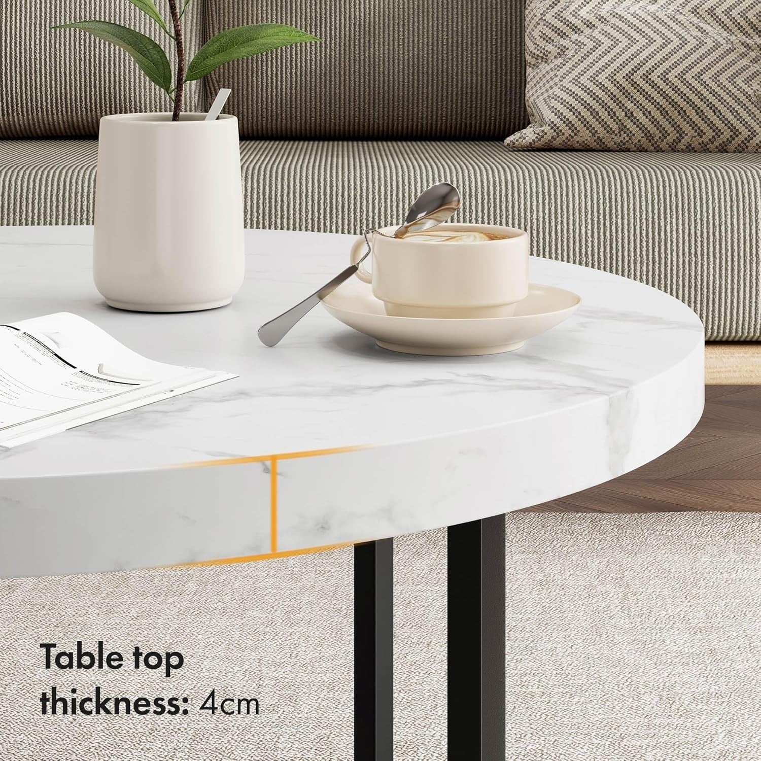 Round Marble Look Coffee Table 80cm White Grey PVC Top with Black Metal Legs
