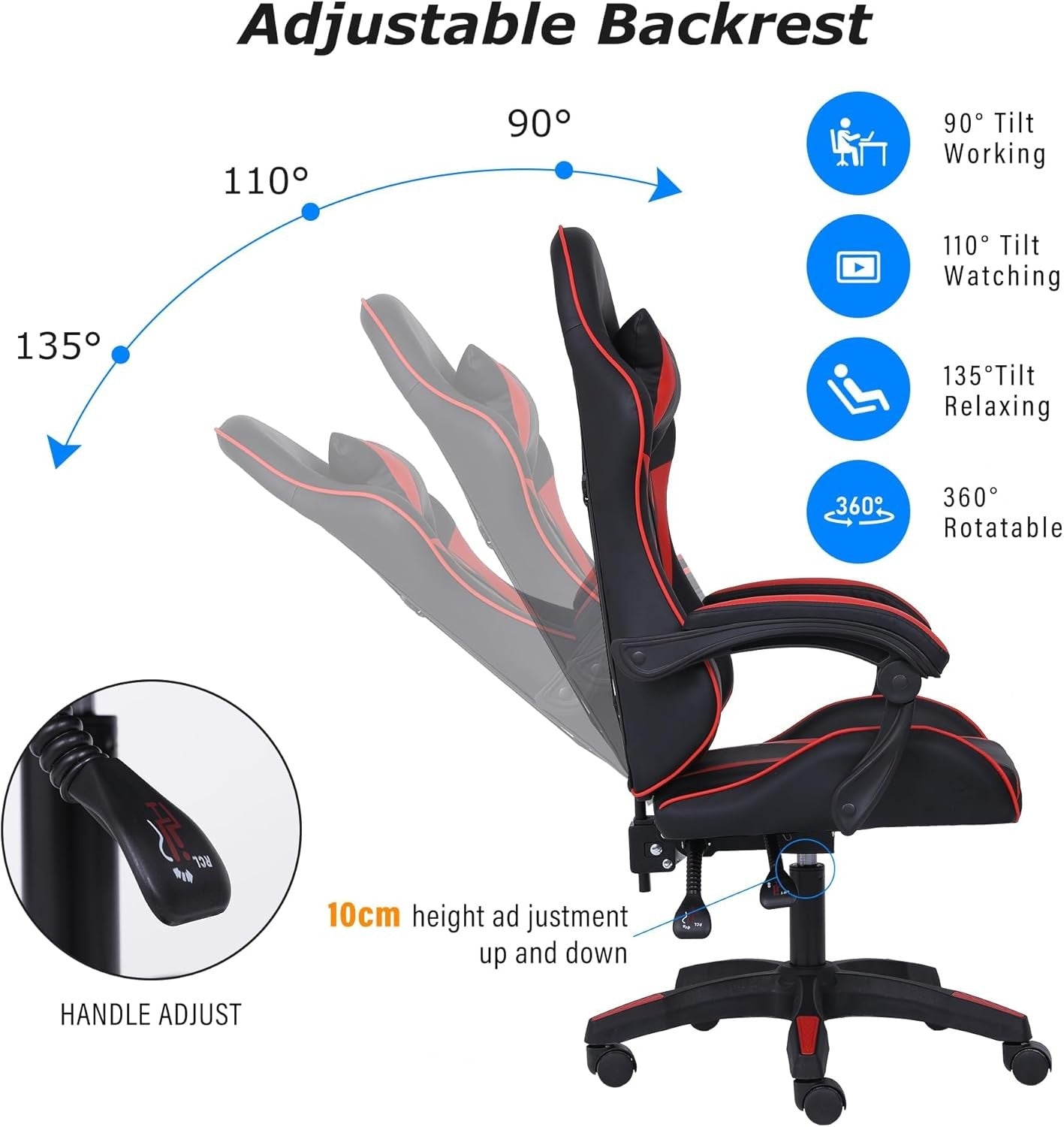 Ergonomic Gaming Chair w/ Lumbar Support Headrest Swivel Red