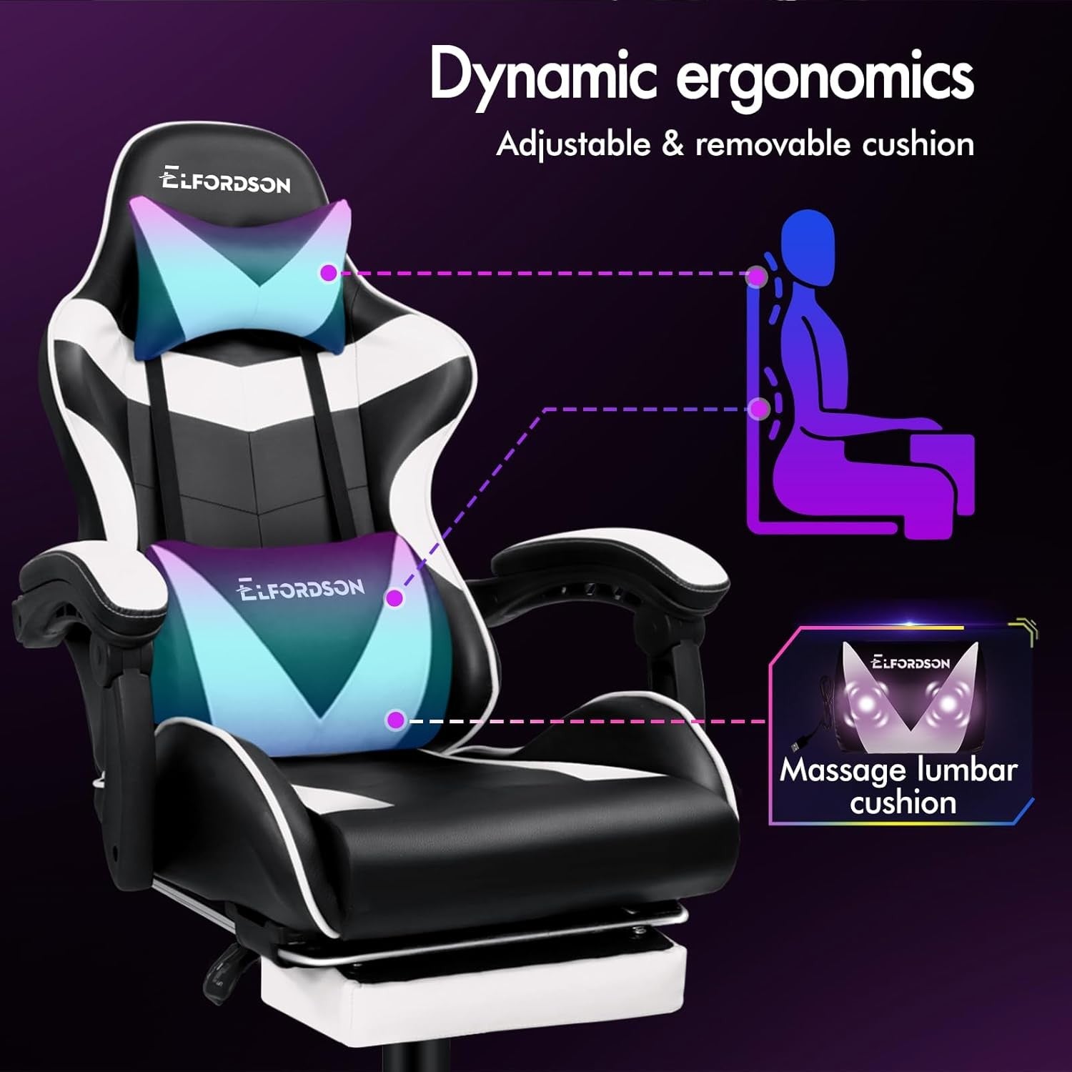Massage Gaming Chair Recliner w/ Footrest 150° Swivel PU White