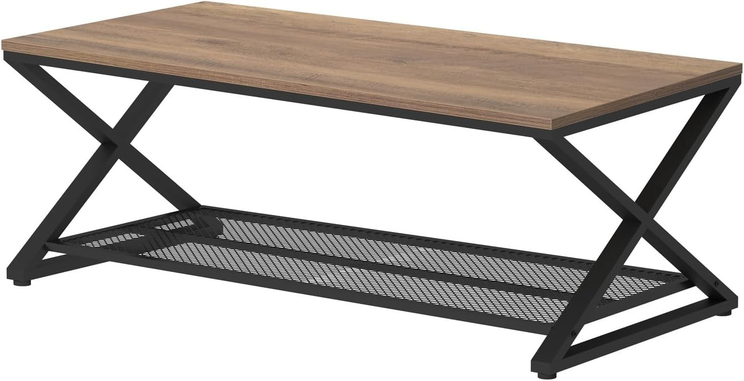 Rustic Oak Coffee Table with Storage Shelf | Industrial 2-Tier Rectangular Table