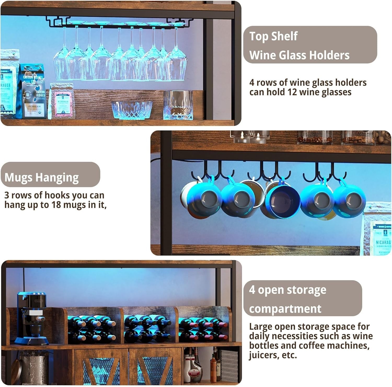 Industrial Bar Cabinet with LED Lights & Glass Rack, Large Buffet Storage Unit