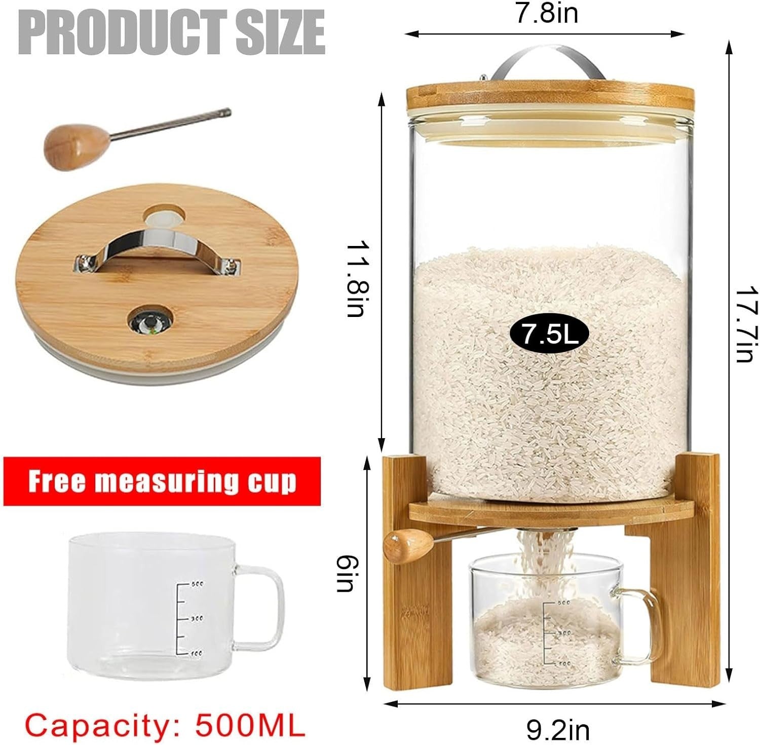 Glass Rice Dispenser 7.5L Airtight Grain Storage Container Kitchen Bin