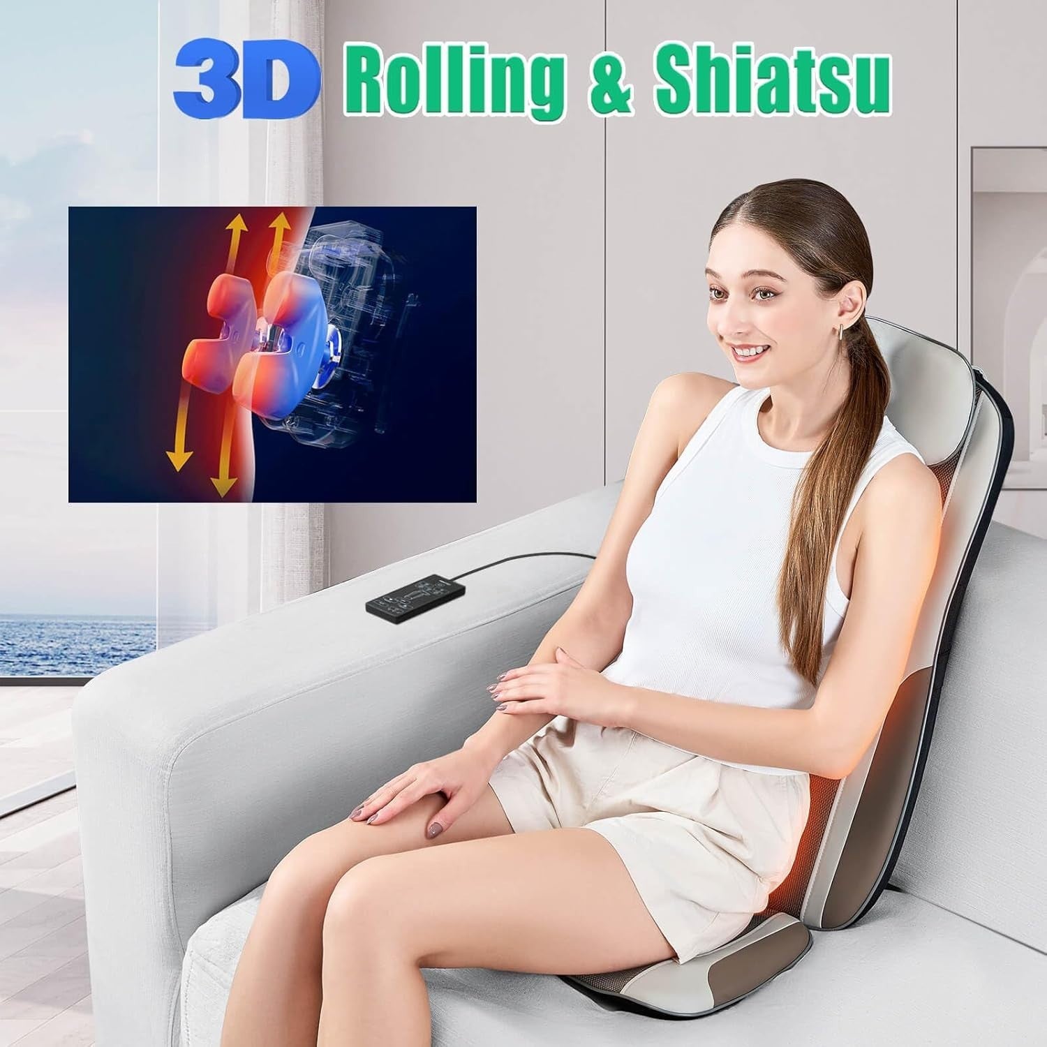Shiatsu Back Massager Chair Pad Heat Kneading Roller Seat Cushion Brown