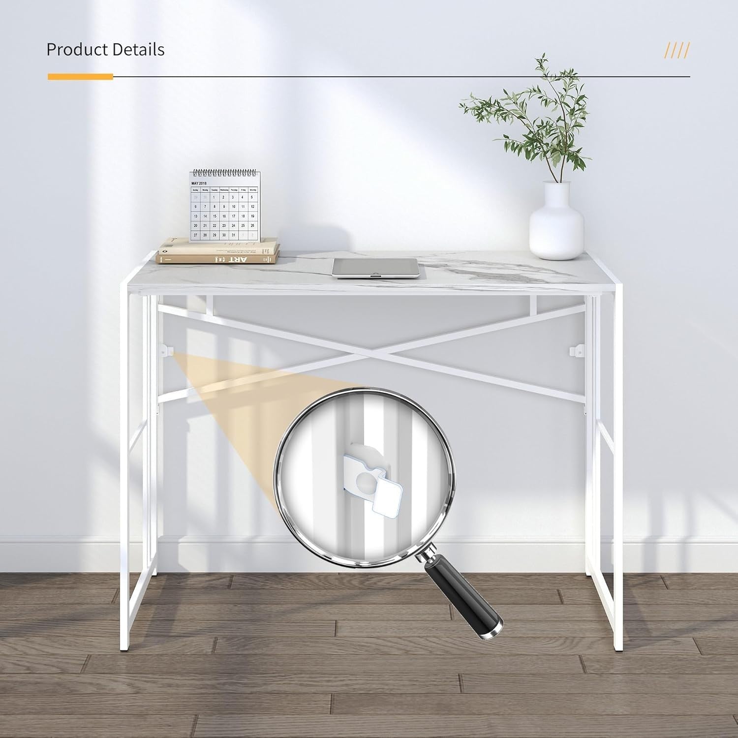 Folding Desk 103cm White Marble No Assembly Home Office Computer Table
