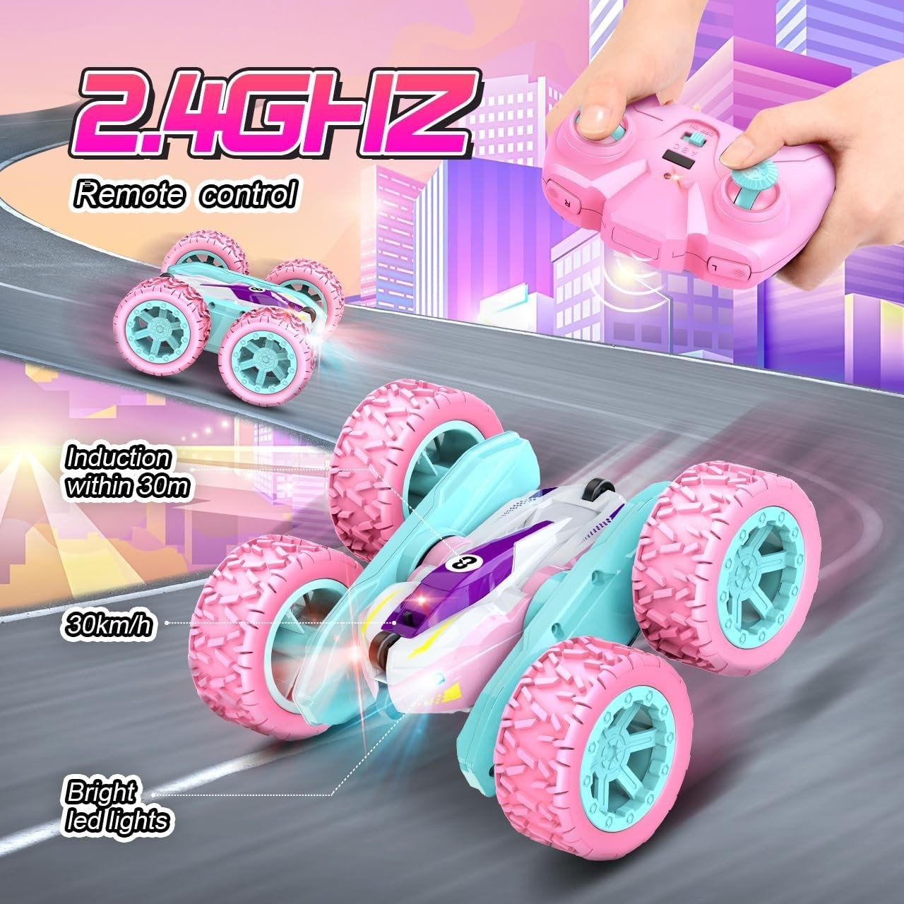 Pink 4WD RC Stunt Car for Girls 3–8+, 360° Flip Remote Control Car