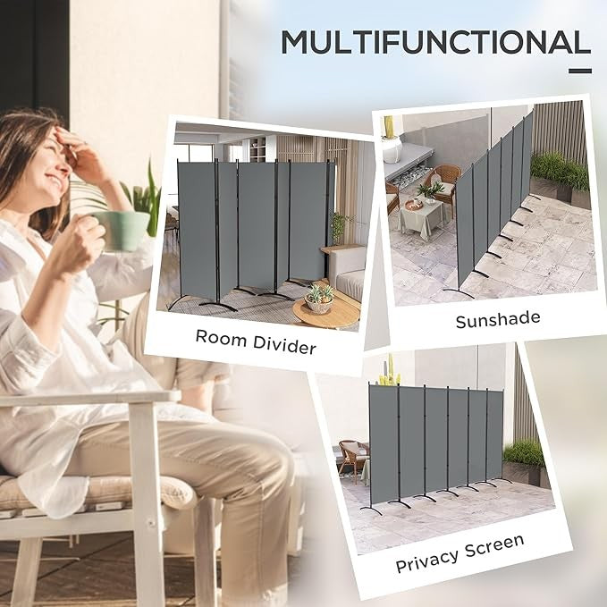 6 Panel Dark Grey Folding Room Divider – Freestanding Outdoor Privacy Screen