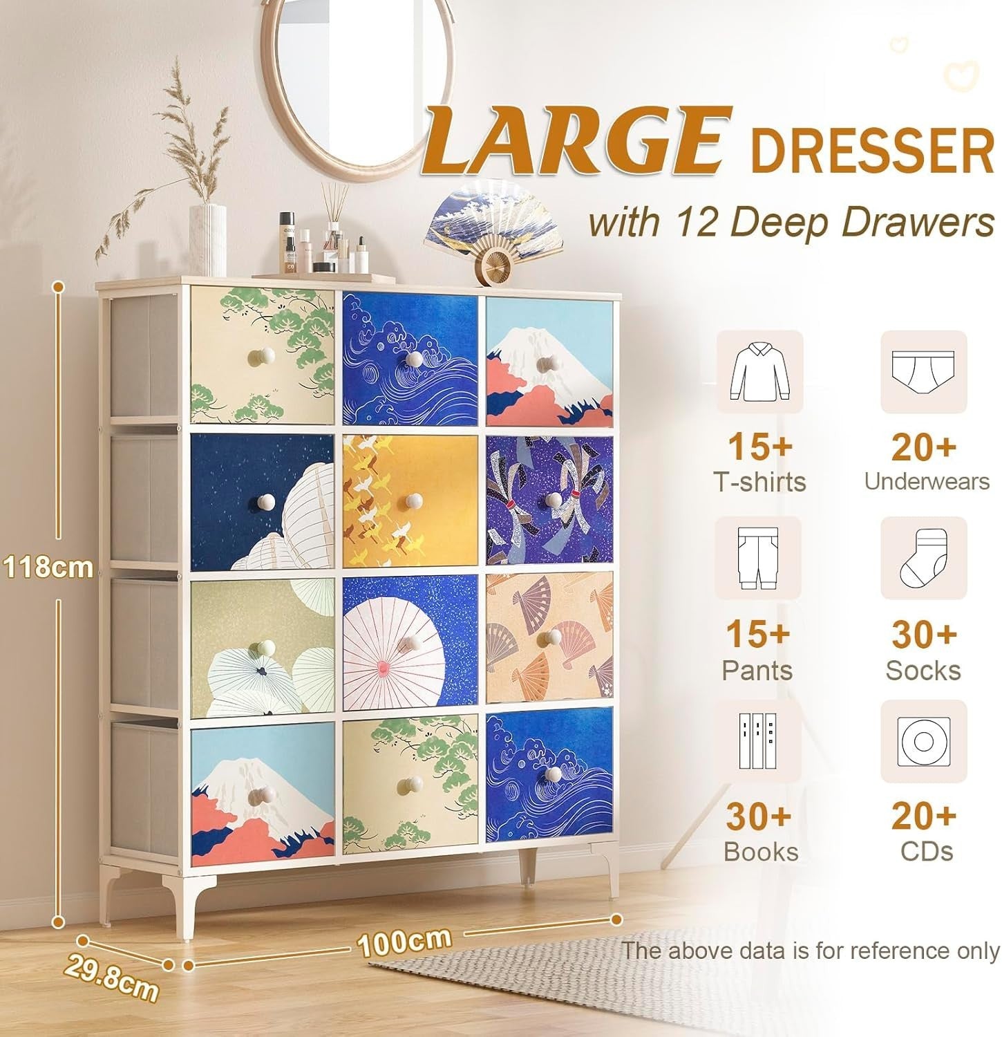 12 Drawer Asian Style Storage Chest, Tall Dresser with Metal Frame, Nursery