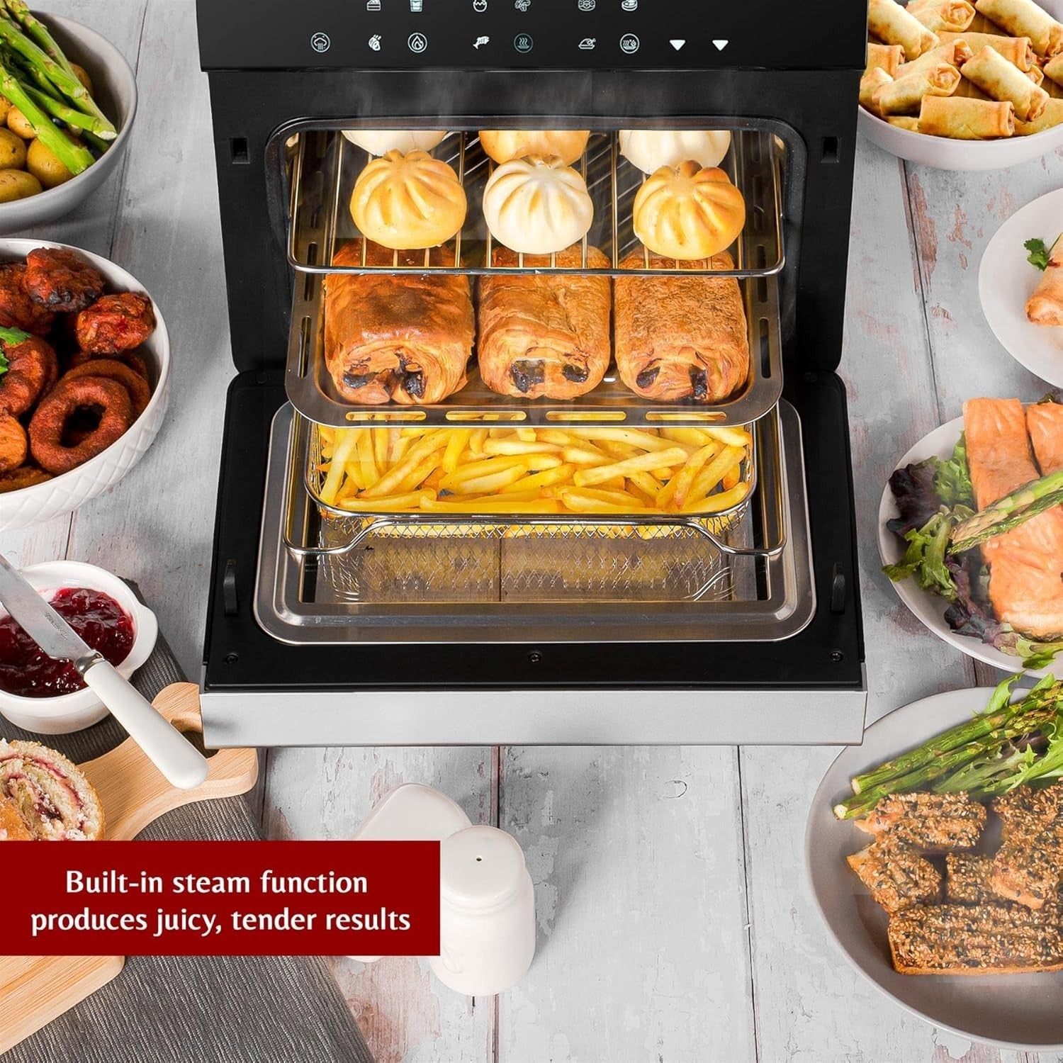 11L Steam Air Fryer Oven 9 Presets Touch LED 1150ml Water Tank No PFOA